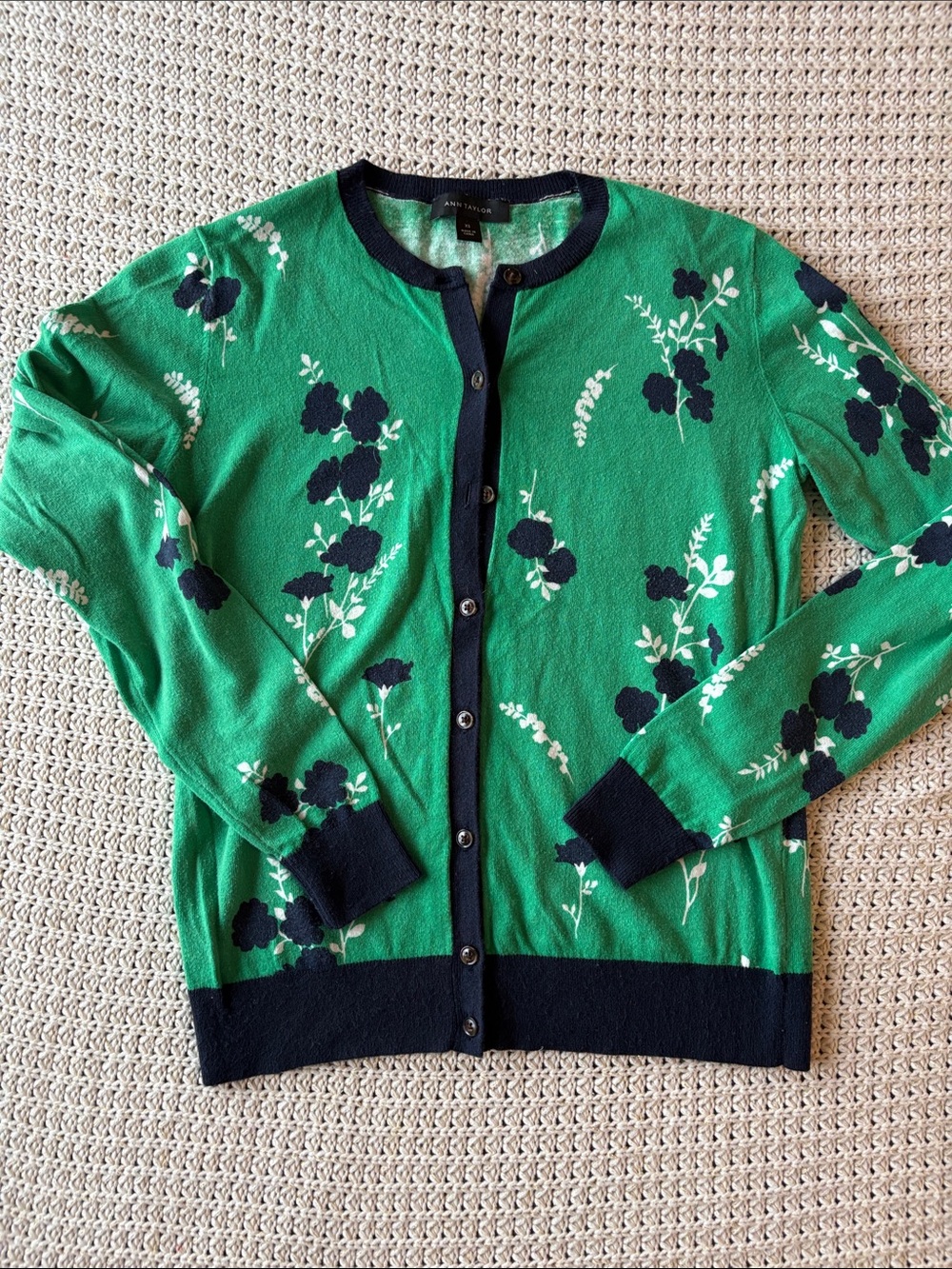Ann Taylor Green Floral Crewneck Cardigan with Navy Trim
